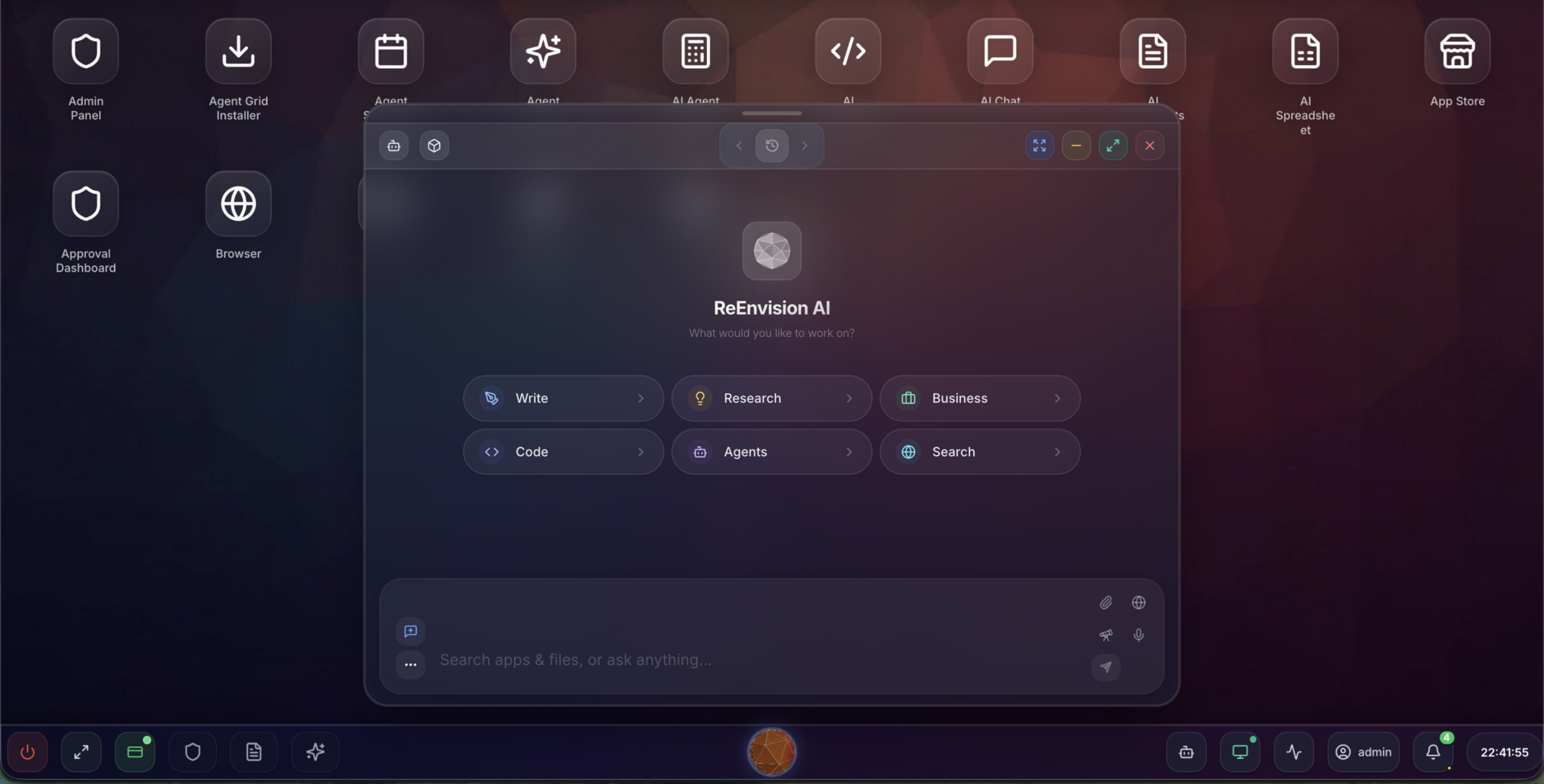 ReEnvisionOS desktop with the private AI assistant open